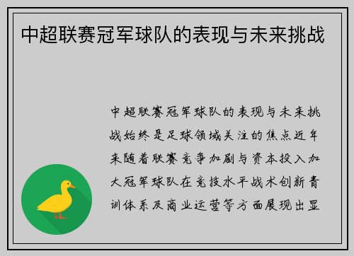 中超联赛冠军球队的表现与未来挑战