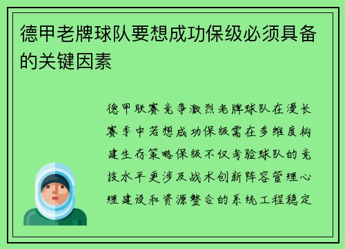 德甲老牌球队要想成功保级必须具备的关键因素