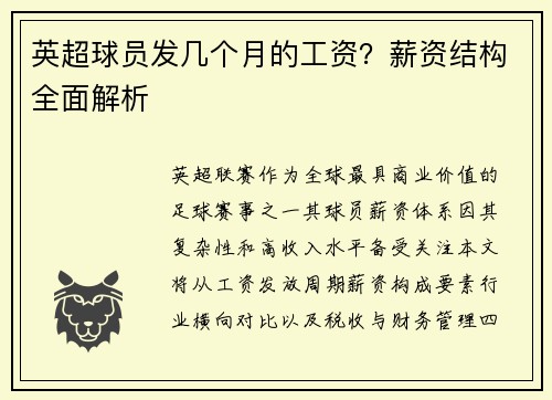 英超球员发几个月的工资？薪资结构全面解析